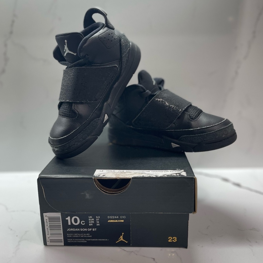 Jordans Son of BT, kids sz 10c, black & metallic silver